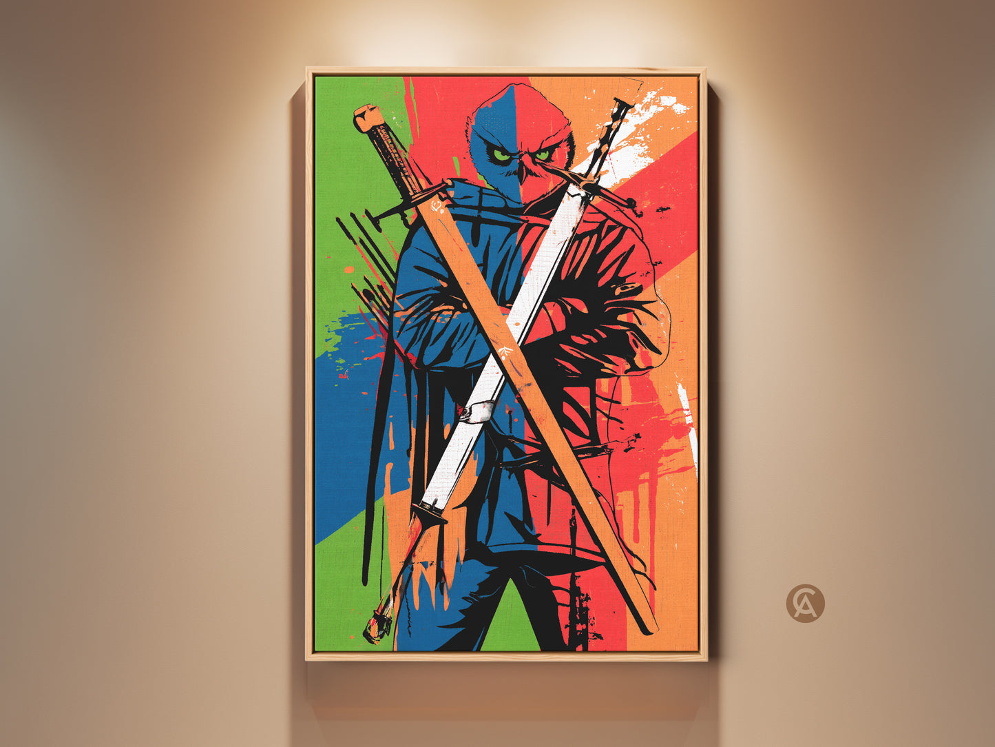 Framed Ninja Owl Canvas Art. This pop art style canvas features a ninja owl with crossed swords. The bold red blue and orange colors makes it a unique focal point for any contemporary room decor.