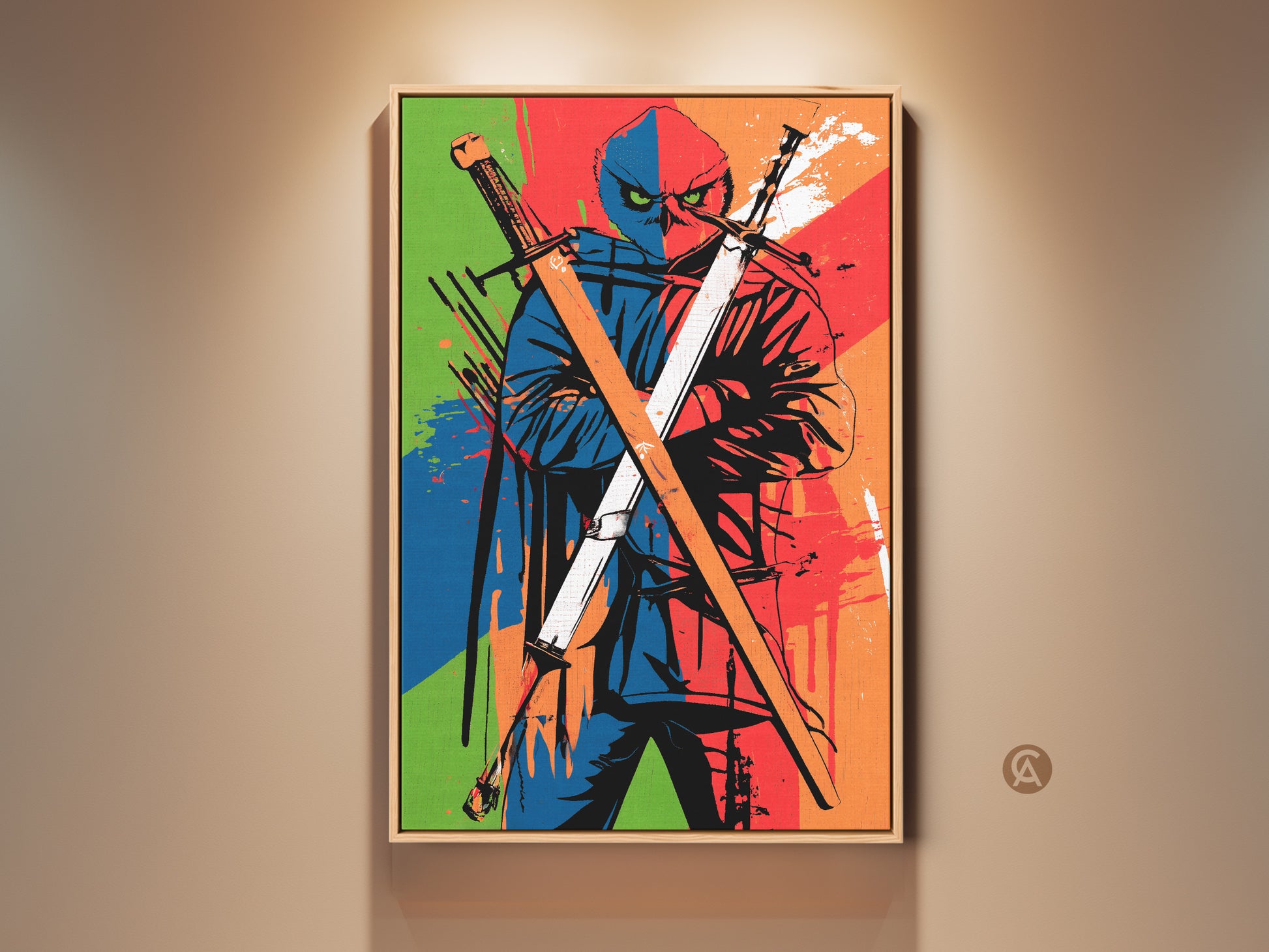Framed Ninja Owl Canvas Art. This pop art style canvas features a ninja owl with crossed swords. The bold red blue and orange colors makes it a unique focal point for any contemporary room decor.
