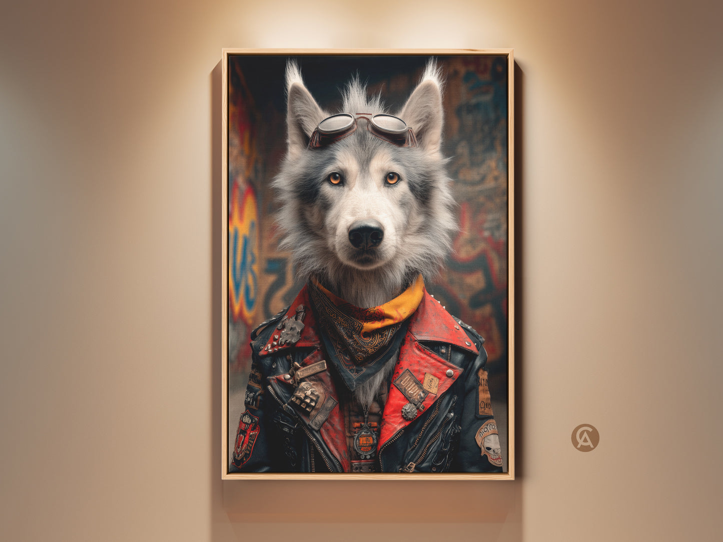 Elevate your man cave with this Biker Wolf art print. The striking red and grey palette brings a cool edgy vibe. This canvas wall art features a wolf in aviator goggles and a biker jacket. It's a unique gift for motorcycle enthusiasts a punk rock statement piece for any garage