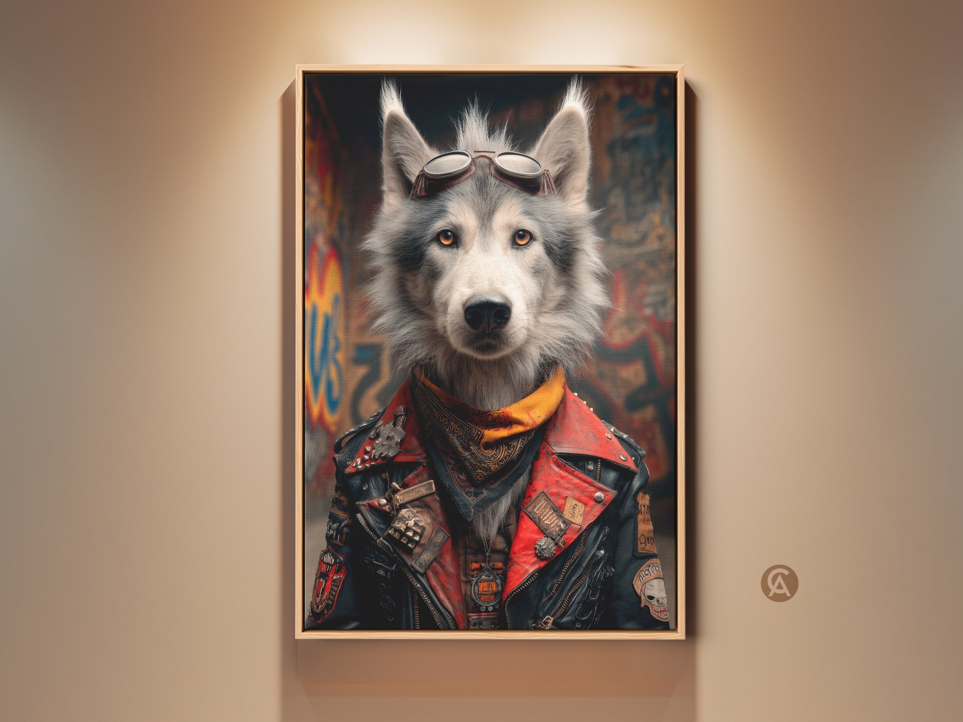 Elevate your man cave with this Biker Wolf art print. The striking red and grey palette brings a cool edgy vibe. This canvas wall art features a wolf in aviator goggles and a biker jacket. It's a unique gift for motorcycle enthusiasts a punk rock statement piece for any garage