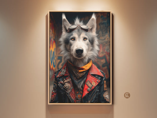 Elevate your man cave with this Biker Wolf art print. The striking red and grey palette brings a cool edgy vibe. This canvas wall art features a wolf in aviator goggles and a biker jacket. It's a unique gift for motorcycle enthusiasts a punk rock statement piece for any garage
