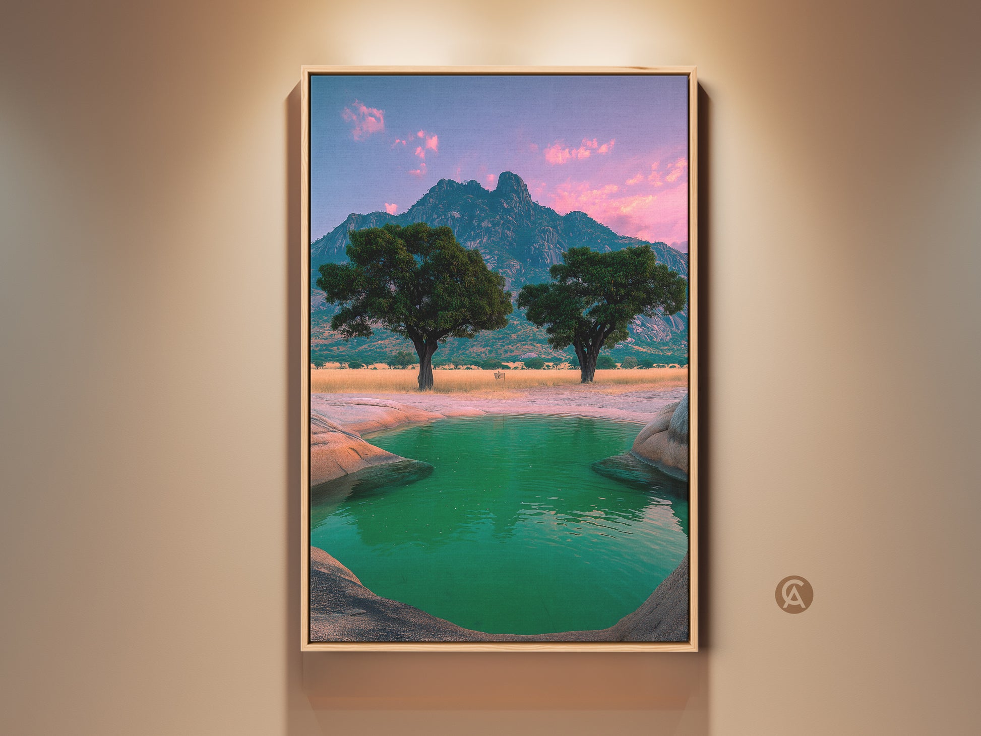 Experience an African mountain landscape canvas print featuring acacia trees and a green water oasis. This eclectic home decor is a unique travel-inspired piece. The savanna landscape canvas art brings nature indoors. Perfect as a housewarming gift for art and travel lovers. Enjoy this distinctive wall hanging with its photorealistic mountain art.