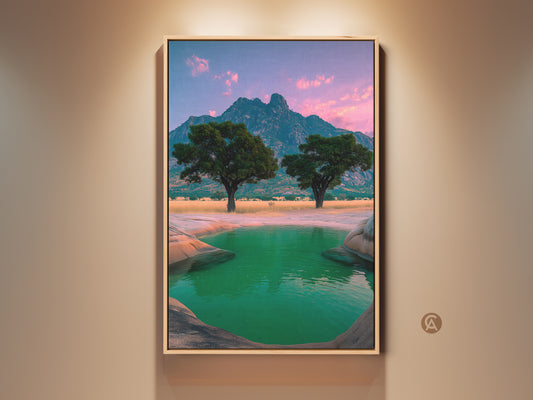 Experience an African mountain landscape canvas print featuring acacia trees and a green water oasis. This eclectic home decor is a unique travel-inspired piece. The savanna landscape canvas art brings nature indoors. Perfect as a housewarming gift for art and travel lovers. Enjoy this distinctive wall hanging with its photorealistic mountain art.