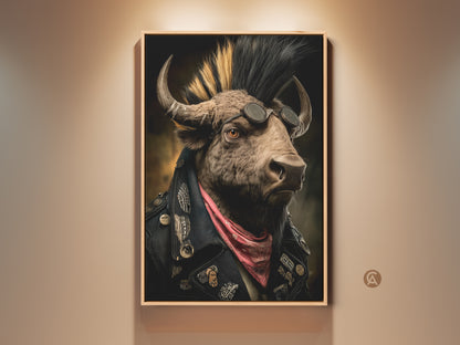 Framed Mohawk Biker Buffalo Canvas Art. The artwork features a buffalo with a punk rock mohawk sunglasses and a pink bandana. It is displayed in a wood floating frame against a neutral wall. Perfect for eclectic wall art and rock music-themed decor. Ready to hang and complements punk gothic and eclectic interiors
