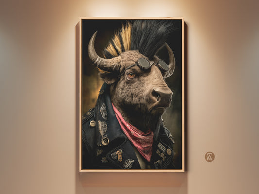 Framed Mohawk Biker Buffalo Canvas Art. The artwork features a buffalo with a punk rock mohawk sunglasses and a pink bandana. It is displayed in a wood floating frame against a neutral wall. Perfect for eclectic wall art and rock music-themed decor. Ready to hang and complements punk gothic and eclectic interiors