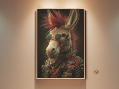 Framed rockstar donkey art. The wall art features a punk rock animal print with a red mohawk & leather jacket. A music lover gift idea. This eclectic office decor poster adds edgy personality to any room.