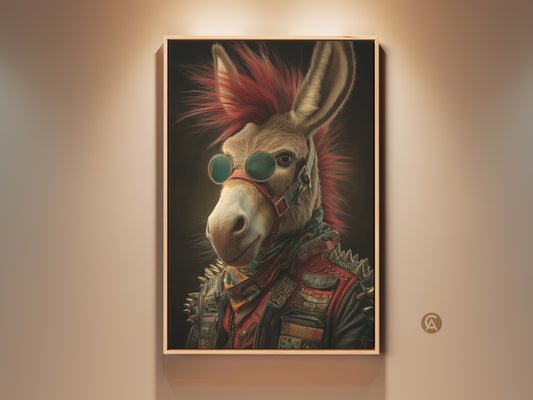 Framed rockstar donkey art. The wall art features a punk rock animal print with a red mohawk & leather jacket. A music lover gift idea. This eclectic office decor poster adds edgy personality to any room.