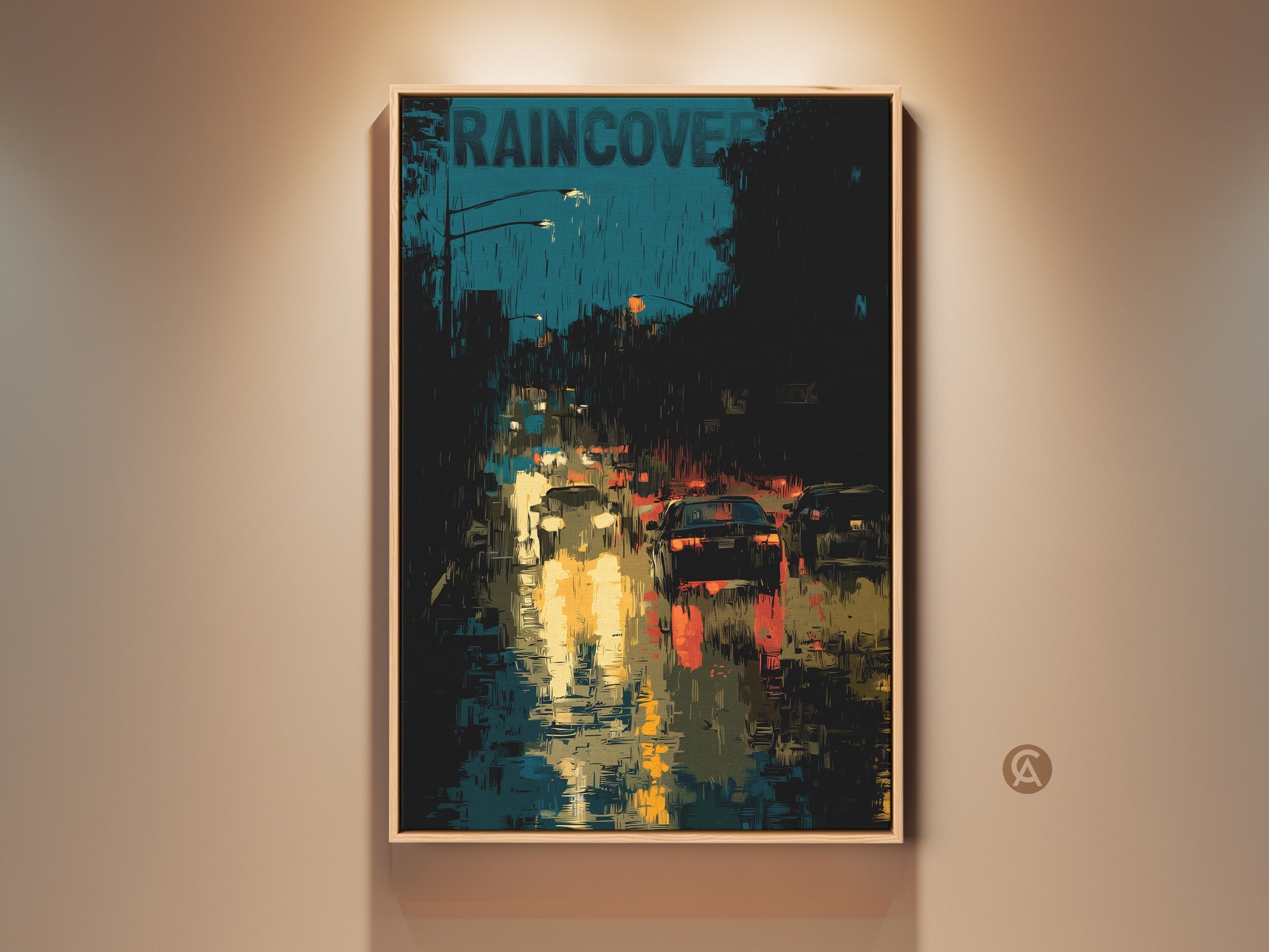 A framed contemporary cityscape art print hangs on a beige wall. The urban rain canvas features teal black and yellow hues. It is a modern home decor piece. The artwork captures the energy of a rainy city night with cars and streetlights creating a dynamic scene. This print adds a sophisticated touch to any room.