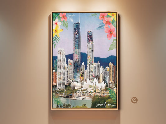 Framed blue cityscape and floral art print. This watercolor skyscraper painting adds eclectic wall decor to any space. It makes a great housewarming gift for travel lovers. The urban nature artwork brings multicolor floral art to an entry hall wall.