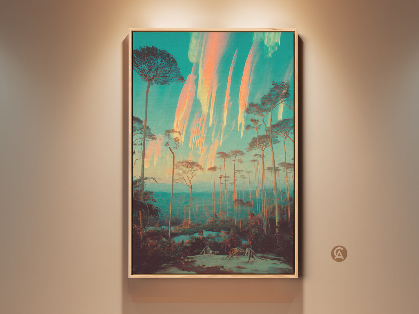 Experience the dreamlike beauty of this surreal forest canvas art. The teal and orange landscape features slender trees set against a vibrant sky. This eclectic nature wall decor brings a unique artistic touch to any room. Add a moody yet bohemian vibe to your bedroom or living space with this captivating nature inspired artwork.