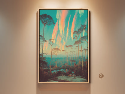 Experience the dreamlike beauty of this surreal forest canvas art. The teal and orange landscape features slender trees set against a vibrant sky. This eclectic nature wall decor brings a unique artistic touch to any room. Add a moody yet bohemian vibe to your bedroom or living space with this captivating nature inspired artwork.