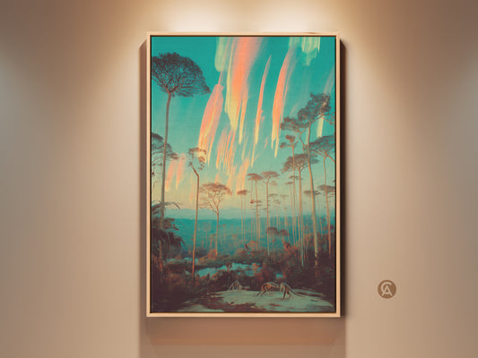 Experience the dreamlike beauty of this surreal forest canvas art. The teal and orange landscape features slender trees set against a vibrant sky. This eclectic nature wall decor brings a unique artistic touch to any room. Add a moody yet bohemian vibe to your bedroom or living space with this captivating nature inspired artwork.