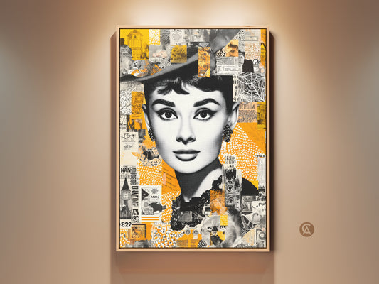 Audrey Hepburn Pop Art on canvas. A striking framed portrait features a collage of vintage ephemera. This artwork combines classic elegance with a modern edge. It is perfect for adding a touch of sophistication to any space.