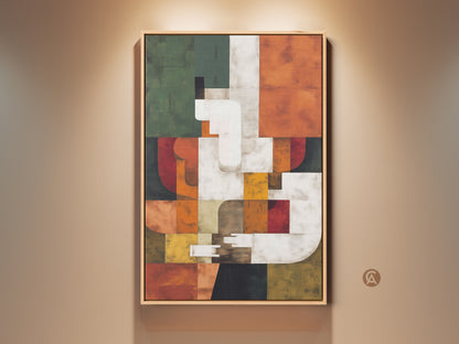 Framed Bauhaus Abstract Canvas Art. This mid-century geometric print features terracotta forest green orange and teal. Elevate your office or home decor with this stylish artwork. A perfect housewarming or art collector gift.