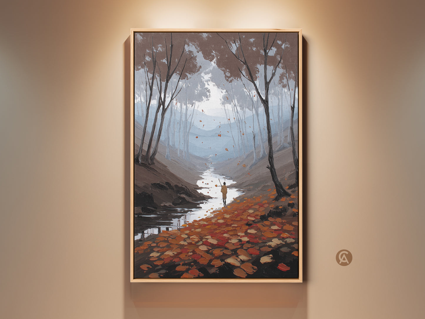 Nature Landscape Canvas Art Print in autumn colors. The art shows a forest river scene with a hiker. This impressionist painting adds Scandinavian wall decor to any space. A perfect housewarming gift for nature and art lovers.