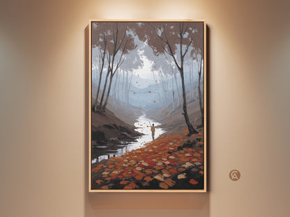 Nature Landscape Canvas Art Print in autumn colors. The art shows a forest river scene with a hiker. This impressionist painting adds Scandinavian wall decor to any space. A perfect housewarming gift for nature and art lovers.