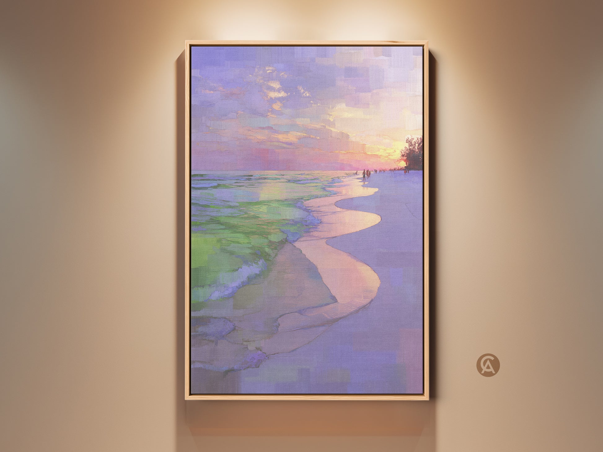 Impressionistic beach sunset canvas art in a wood frame is displayed on a neutral wall. Coastal ocean waves wall print features a purple pink sky landscape. Seaside home decor gift idea. Bedroom art that adds a touch of coastal tranquility.