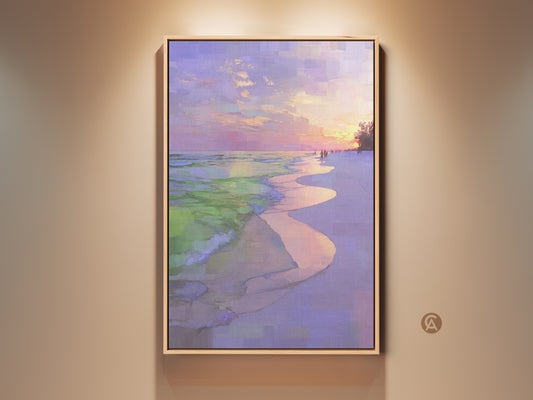 Impressionistic beach sunset canvas art in a wood frame is displayed on a neutral wall. Coastal ocean waves wall print features a purple pink sky landscape. Seaside home decor gift idea. Bedroom art that adds a touch of coastal tranquility.