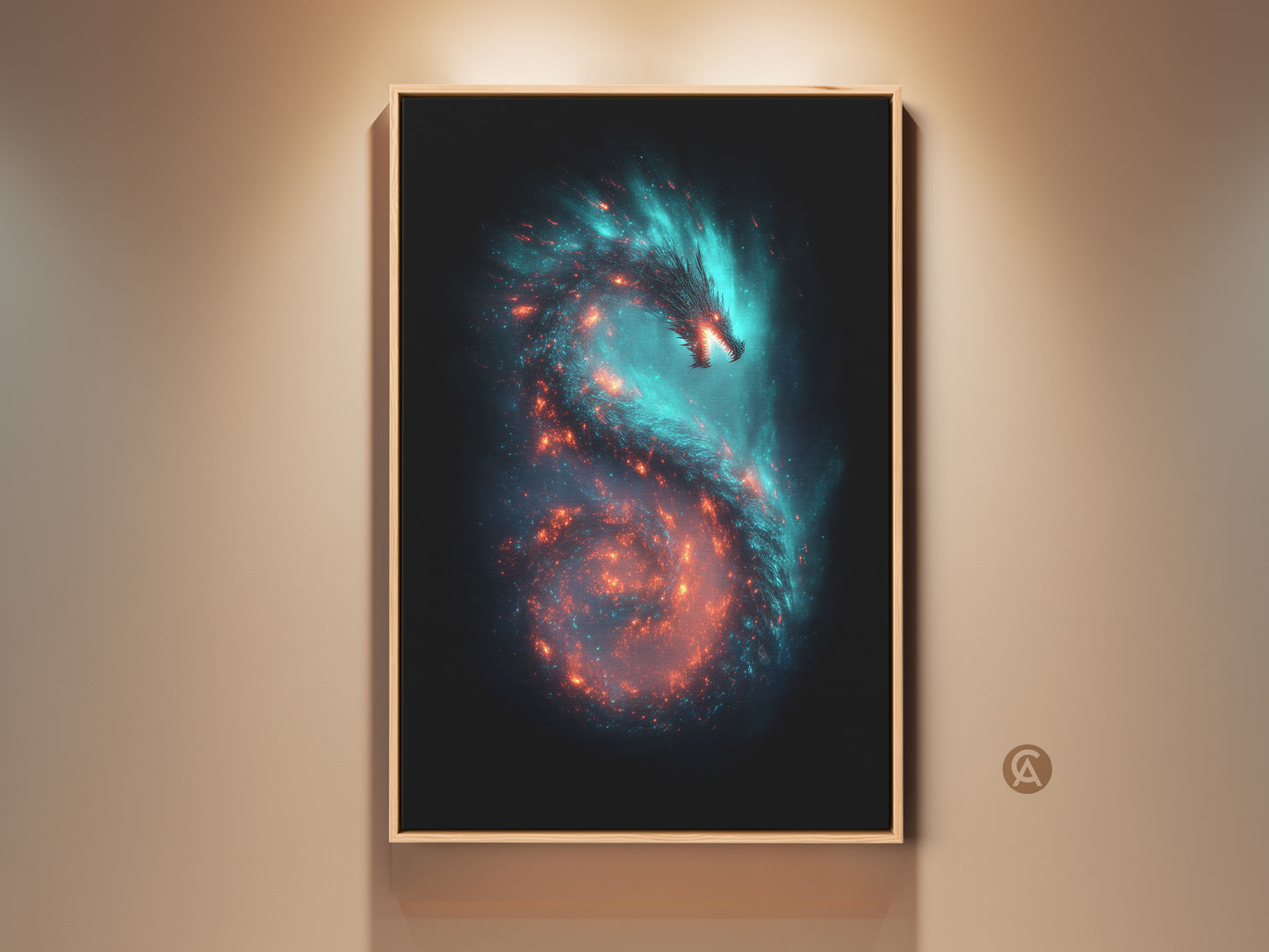 Stunning galaxy dragon canvas art. This cosmic nebula print features teal and orange hues. It's a captivating piece of fantasy space wall art. Perfect gift for stargazers and dragon lovers. The artwork brings an otherworldly aesthetic to any room. Printed on premium materials ready to hang.
