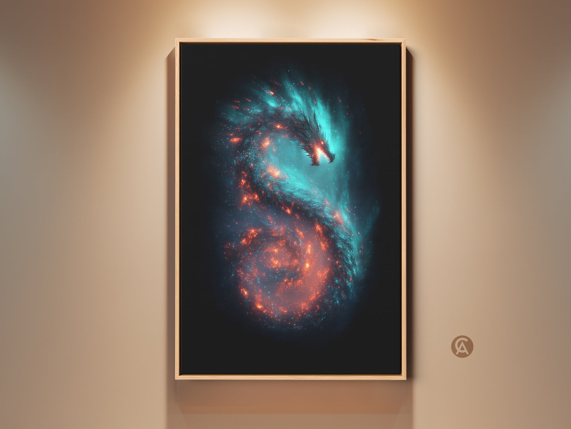 Stunning galaxy dragon canvas art. This cosmic nebula print features teal and orange hues. It's a captivating piece of fantasy space wall art. Perfect gift for stargazers and dragon lovers. The artwork brings an otherworldly aesthetic to any room. Printed on premium materials ready to hang.