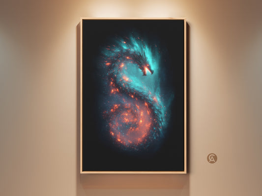Stunning galaxy dragon canvas art. This cosmic nebula print features teal and orange hues. It's a captivating piece of fantasy space wall art. Perfect gift for stargazers and dragon lovers. The artwork brings an otherworldly aesthetic to any room. Printed on premium materials ready to hang.