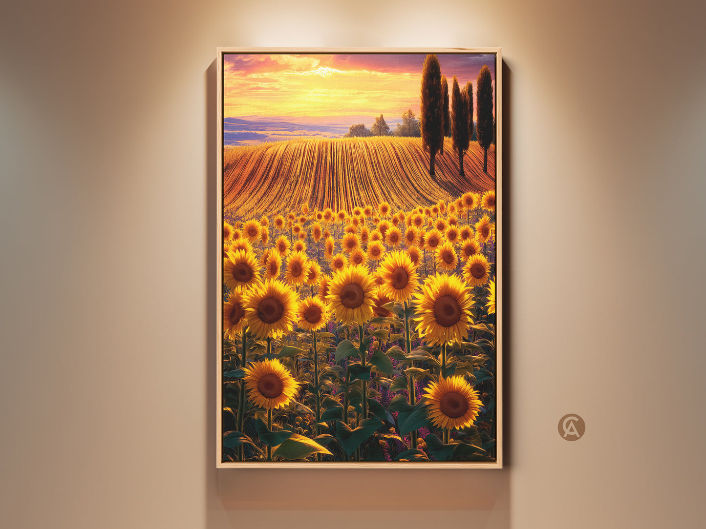 Framed sunflower field art print brings the beauty of a golden sunset to any room. This piece features a vibrant impressionist style. The artwork captures a field of sunflowers under a sunset orange sky. It's framed in a natural wood tone creating a cozy farmhouse feel.