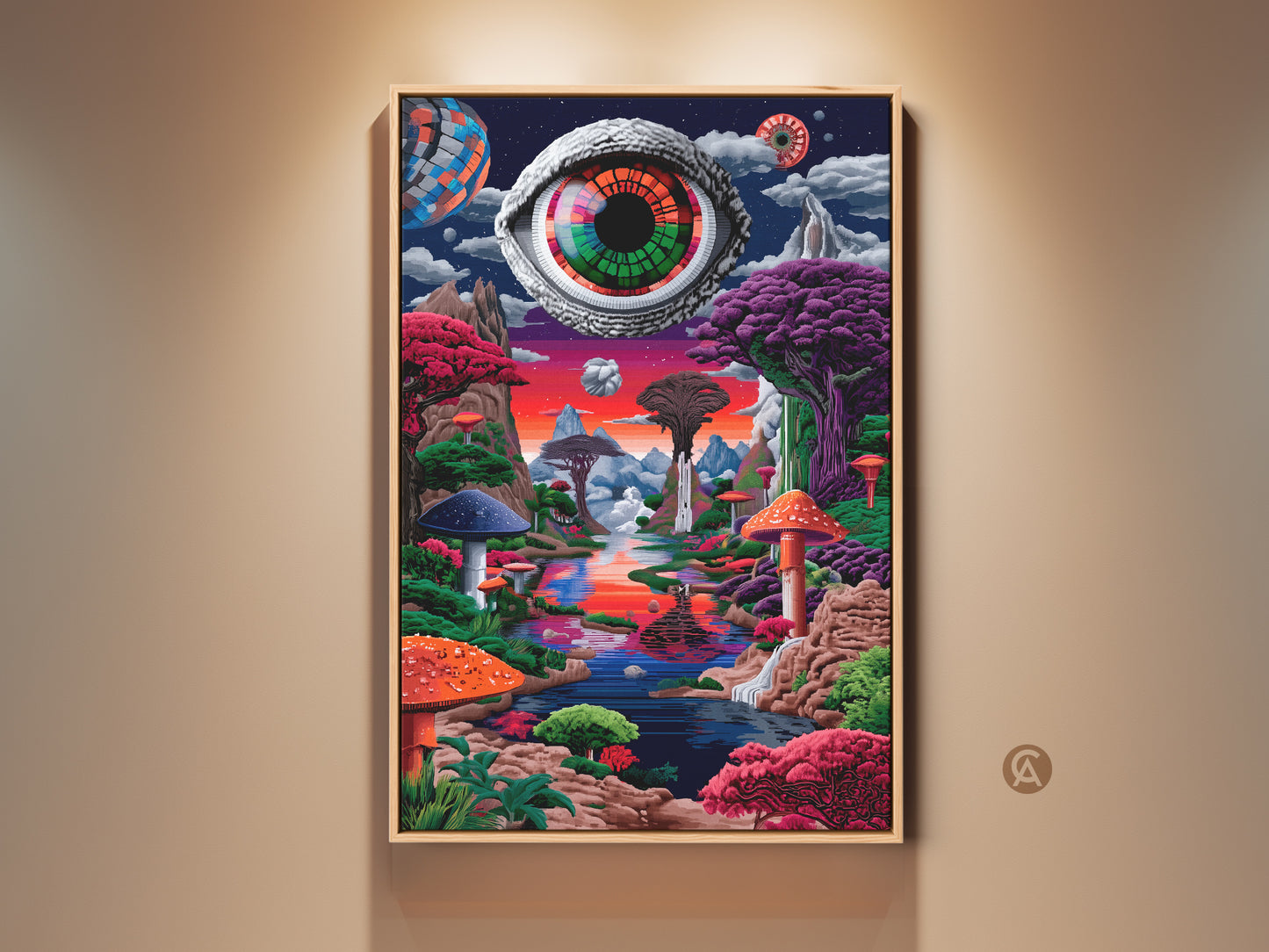 Eye See You artwork in a wooden frame. This surreal landscape features a giant eye overlooking a vibrant mushroom forest. The colorful trees and reflective water create a psychedelic scene. This framed canvas adds a unique touch to any room.