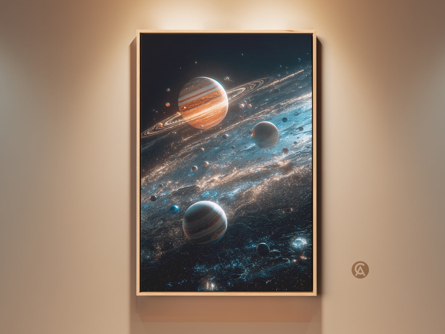Framed space art featuring planets and cosmic dust. The artwork adds a modern touch to any room. This framed planet art is perfect for astronomy lovers. Buy now and bring the universe home.