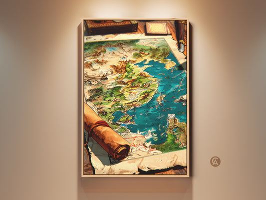Framed fantasy map art print. This ready to hang artwork is displayed on a neutral wall. The art is framed and features a detailed world map with vibrant colors. The print adds adventure to any room.