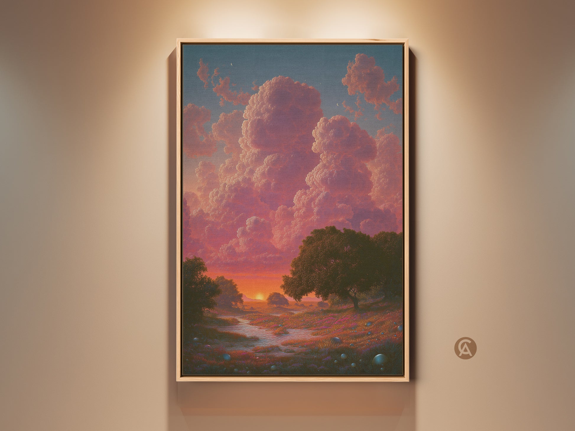 Dreamy Cloudscape Art Print in a frame. This boho landscape canvas features sunset trees wall decor. Nature painting is perfect for a bedroom or as a housewarming gift. The orange and blue hues create a tranquil ambiance.