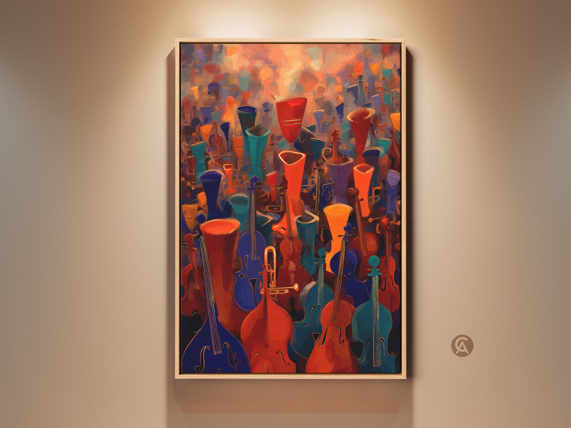 A framed contemporary music canvas print. An abstract orchestra artwork featuring violins and cellos. The art piece has a red orange teal color palette. This eclectic wall decor is a great gift for music lovers