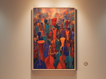 A framed contemporary music canvas print. An abstract orchestra artwork featuring violins and cellos. The art piece has a red orange teal color palette. This eclectic wall decor is a great gift for music lovers