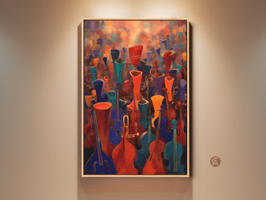 A framed contemporary music canvas print. An abstract orchestra artwork featuring violins and cellos. The art piece has a red orange teal color palette. This eclectic wall decor is a great gift for music lovers