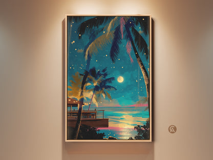 Deep Blue Golden Yellow Canvas Print of tropical palm trees under a dreamy moonlit sky. This boho beach night ocean view art adds coastal charm to any space. The wall decor is a perfect housewarming gift.