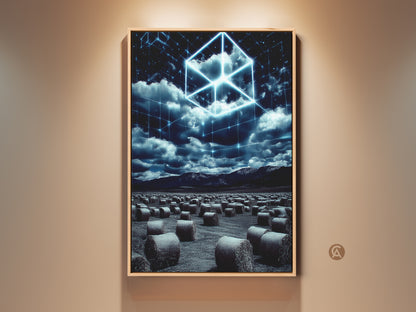 Surreal Tech Landscape Canvas Print in a floating frame. The artwork features an electric blue cube hovering over a field of hay bales. The modern art is perfect for a home office. This futuristic wall art will be a great gift for tech lovers.