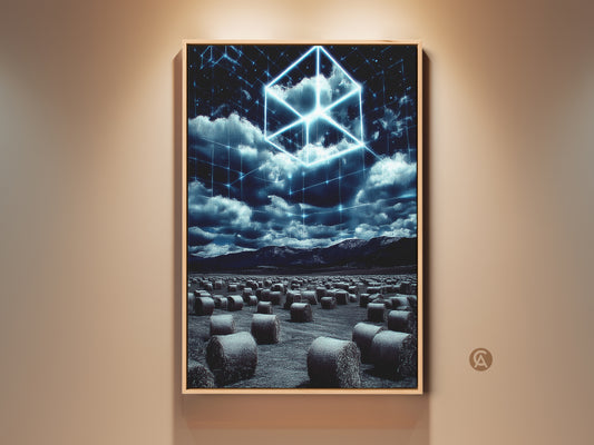 Surreal Tech Landscape Canvas Print in a floating frame. The artwork features an electric blue cube hovering over a field of hay bales. The modern art is perfect for a home office. This futuristic wall art will be a great gift for tech lovers.