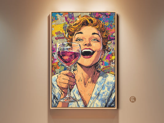 Woman joyfully holds a wine glass in this vibrant pop art print. The retro comic collage background adds an eclectic touch. It is perfect wall art for a home bar or kitchen. This vintage-style artwork makes a unique gift for wine lovers a splash of fun to your decor.