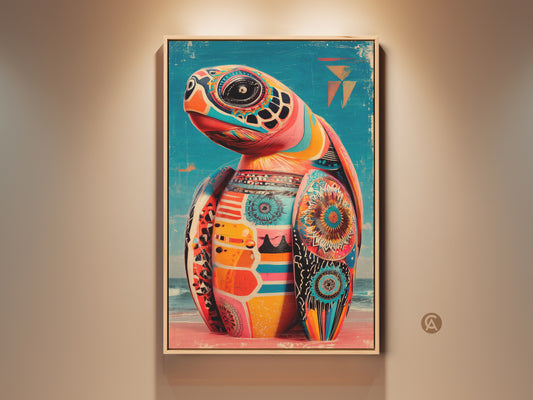 Framed tribal turtle art print hangs on a beige wall. This boho ocean canvas wall art features vibrant coral turquoise colors. Perfect bohemian home decor for ocean lovers. The artwork adds a lively touch to any room.