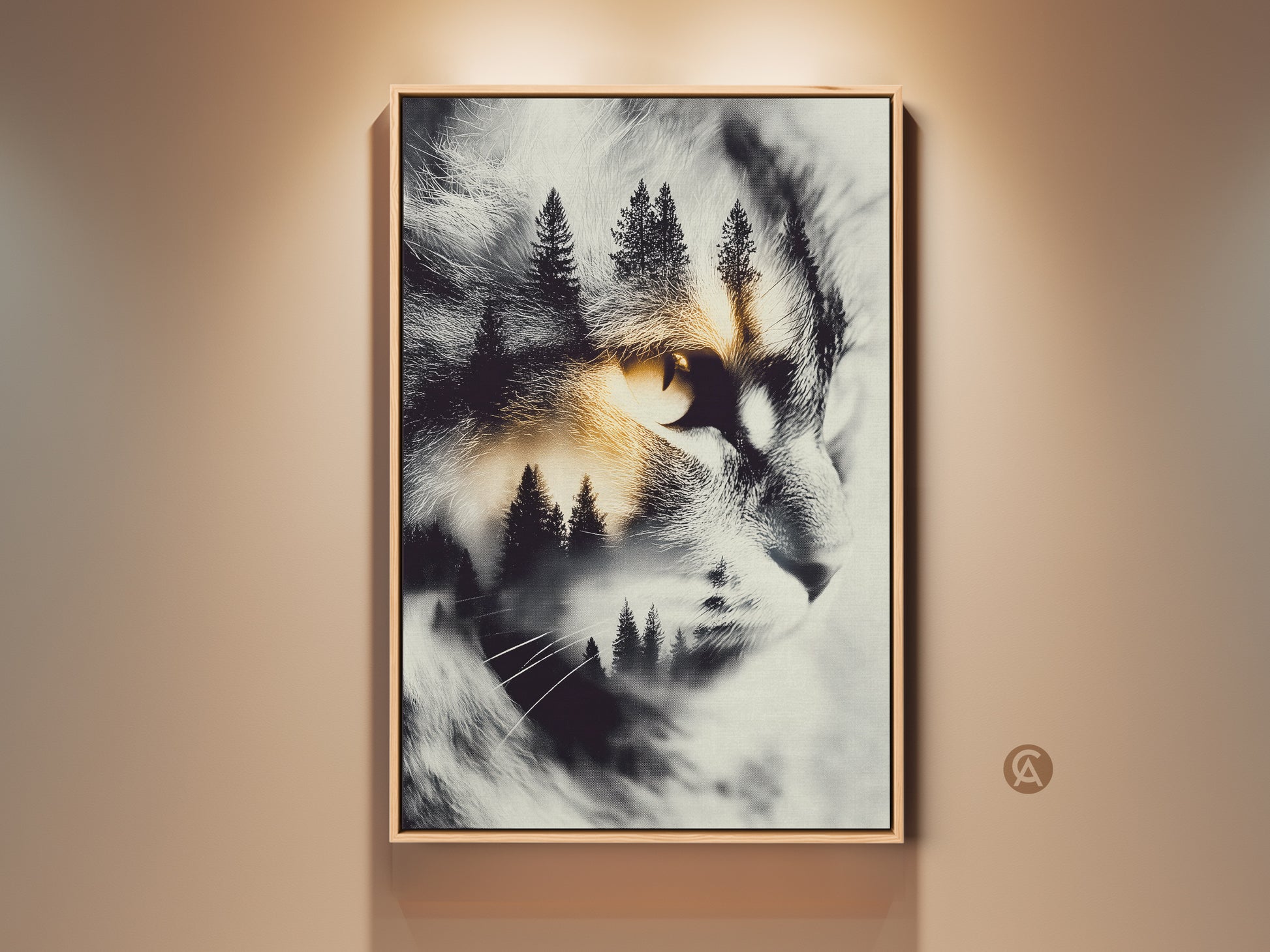 Framed cat artwork. The artwork features a cat's face with a forest scene inside. The cat has striking yellow eyes. It is a unique animal art for cat lovers. The frame complements the artwork.