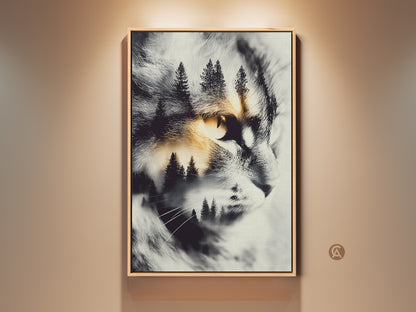 Framed cat artwork. The artwork features a cat's face with a forest scene inside. The cat has striking yellow eyes. It is a unique animal art for cat lovers. The frame complements the artwork.