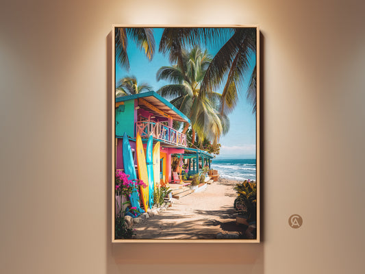 Tropical beach house art print. This vibrant artwork features a colorful beachside home surrounded by palm trees. Surfboards lean against the house adding to the coastal vibe. A perfect piece for beach lovers.