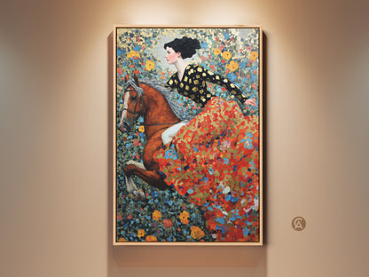 Boho equestrian art print featuring a woman riding a horse. The artwork has a floral background with a palette of red gold and blue. A perfect gift for horse lovers. Art Nouveau wall art adds a touch of bohemian style to any room. This painting captures the equestrian spirit.