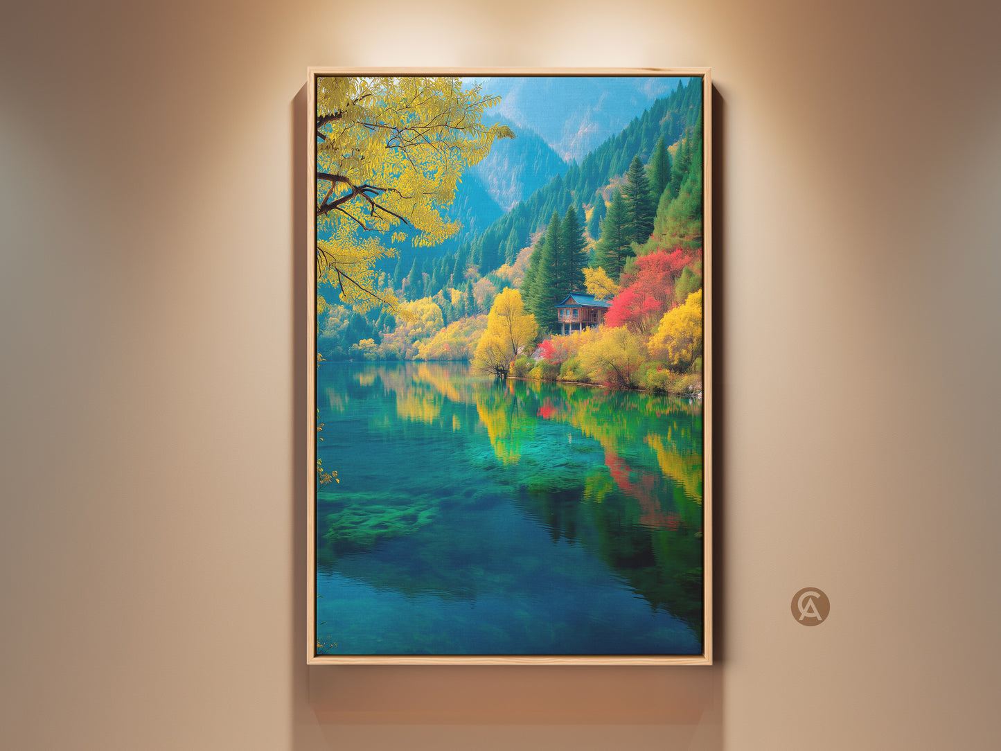 Gallery artwork featuring a tranquil lake scene. The water reflects the vibrant autumn foliage and distant mountains. A cozy cabin nestles among the trees creating a serene landscape. This framed piece is perfect for adding nature's beauty to any room. Shop now for unique wall art.