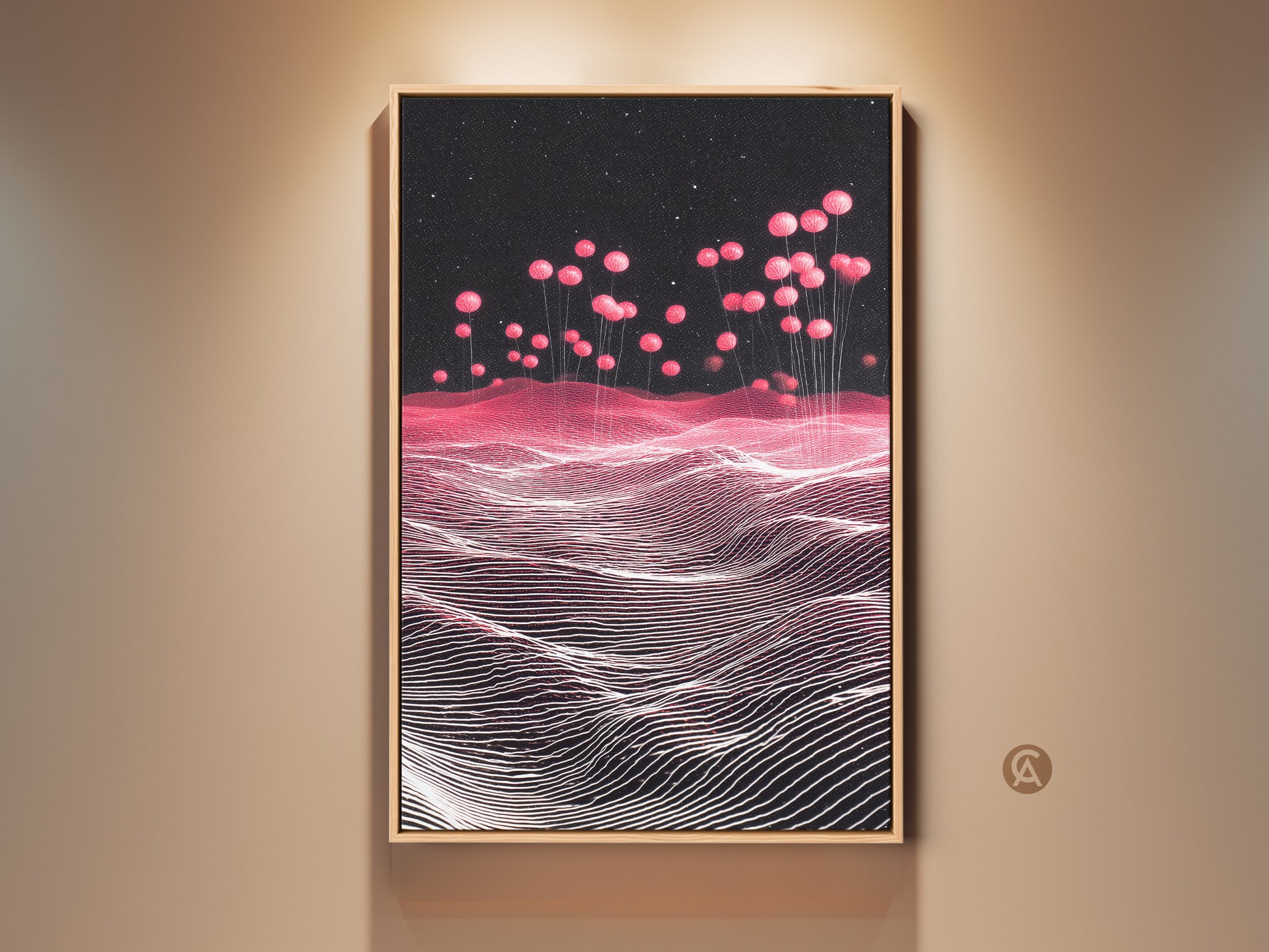 Framed Sci-Fi Abstract Landscape Canvas Print. Pink Balloons rise above a Magenta futuristic landscape. This contemporary wall art adds a modern touch. Perfect as home office decor. The Starry Sky artwork enhances bedroom aesthetics. A unique housewarming gift for sci-fi enthusiasts seeking abstract art.