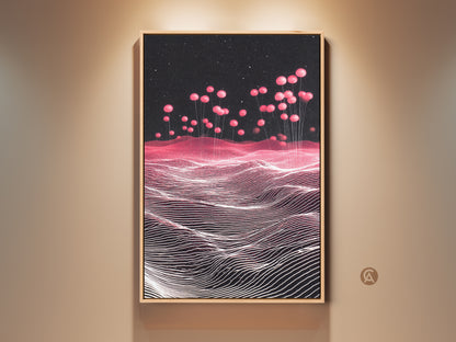 Framed Sci-Fi Abstract Landscape Canvas Print. Pink Balloons rise above a Magenta futuristic landscape. This contemporary wall art adds a modern touch. Perfect as home office decor. The Starry Sky artwork enhances bedroom aesthetics. A unique housewarming gift for sci-fi enthusiasts seeking abstract art.