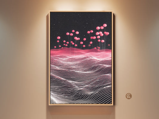 Framed Sci-Fi Abstract Landscape Canvas Print. Pink Balloons rise above a Magenta futuristic landscape. This contemporary wall art adds a modern touch. Perfect as home office decor. The Starry Sky artwork enhances bedroom aesthetics. A unique housewarming gift for sci-fi enthusiasts seeking abstract art.