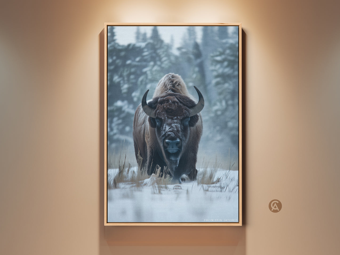 Majestic bison portrait artwork. The animal stands in a snowy field. Forest trees are lightly dusted with snow in the background. This stunning wildlife art is perfect for nature lovers. Purchase framed or canvas prints to enhance your home decor.
