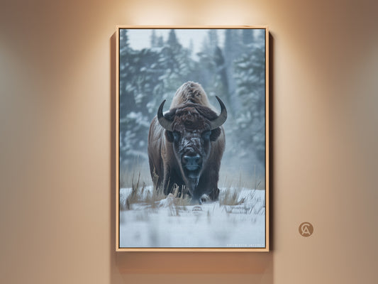 Majestic bison portrait artwork. The animal stands in a snowy field. Forest trees are lightly dusted with snow in the background. This stunning wildlife art is perfect for nature lovers. Purchase framed or canvas prints to enhance your home decor.