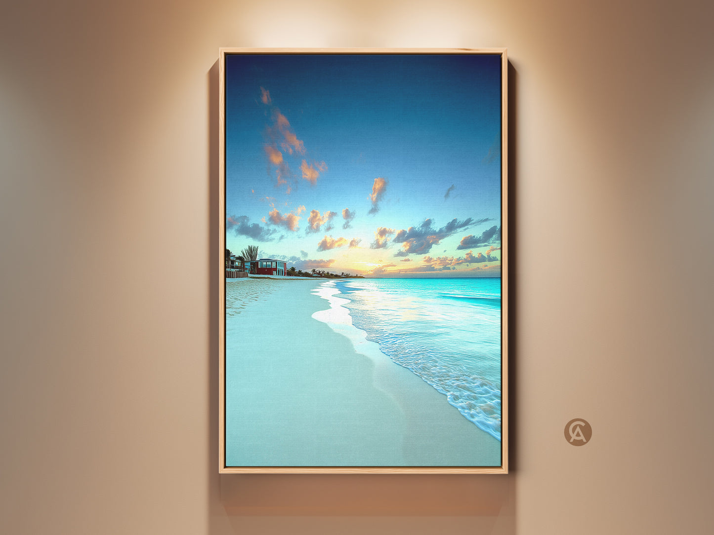 Photorealistic tropical beach sunset canvas art is framed in oak. Golden light illuminates the sky blue ocean waves. Coastal landscape art print is perfect bedroom wall decor.