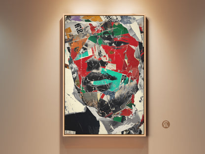 Framed mixed media collage art print featuring an abstract face portrait. The artwork combines red black and green hues creating an eclectic wall art piece for office decor. Find this unique office art gift for art collectors.